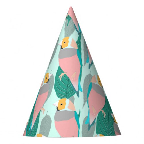 Trendy Pink Rainbow Finch Bird  Green Foliage Party Hat