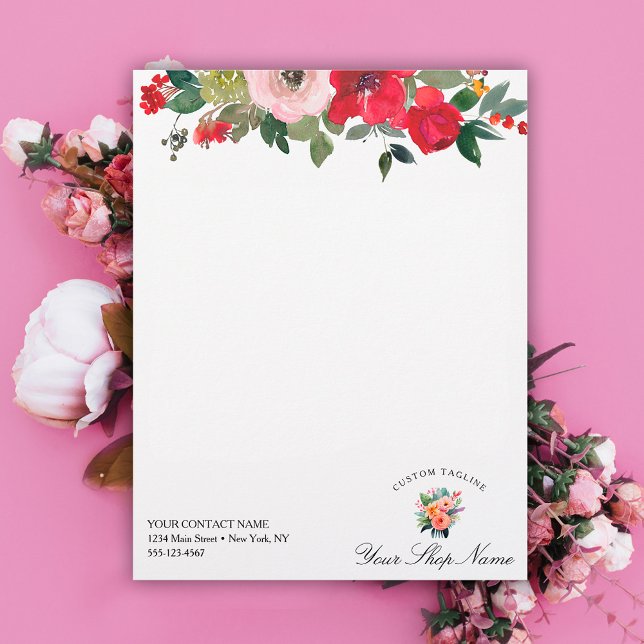 Trendy pink & red floral, business name & logo letterhead (Creator Uploaded)