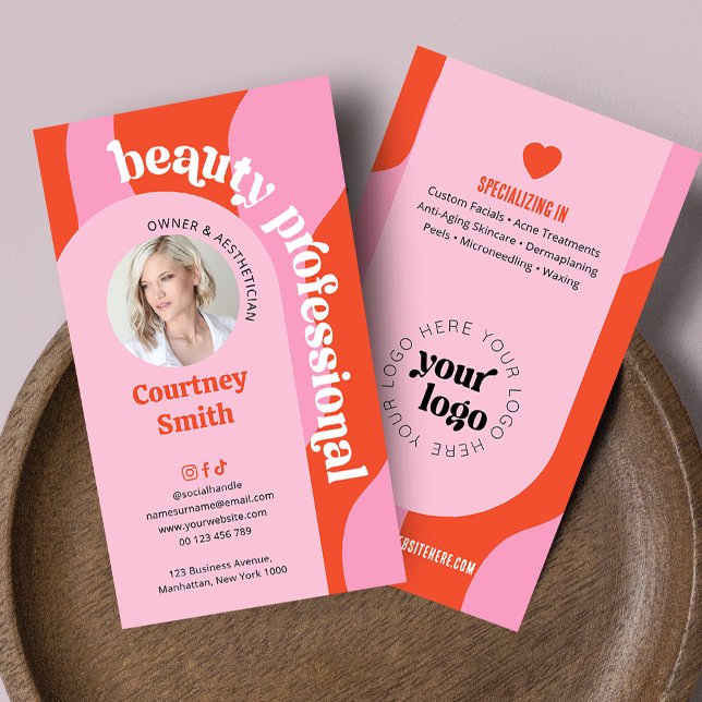 Trendy Pink & Red Groovy Lash Beauty Salon or Spa Business Card (Trendy pink and red beauty salon business cards with photo and groovy fonts + arch background)