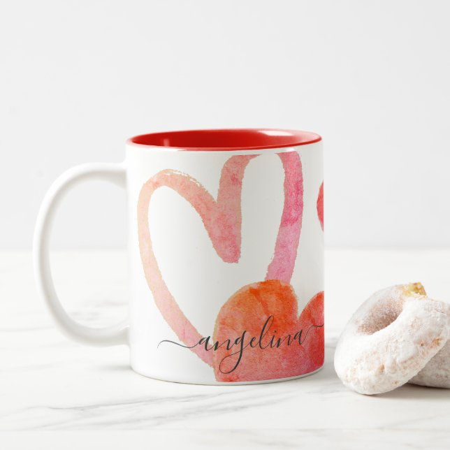 Trendy Pink & Red Hearts Monogram Valentines Two-T Two-Tone Coffee Mug (With Donut)