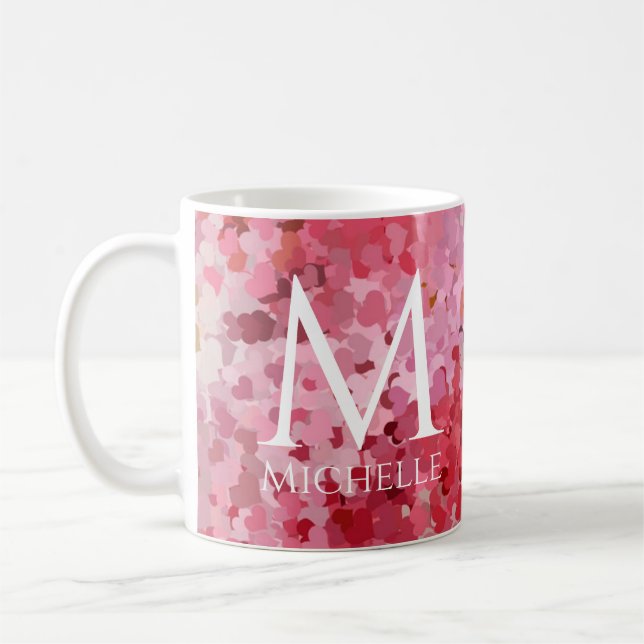 Trendy Pink Red Hearts Template Monogram Initial Coffee Mug (Left)