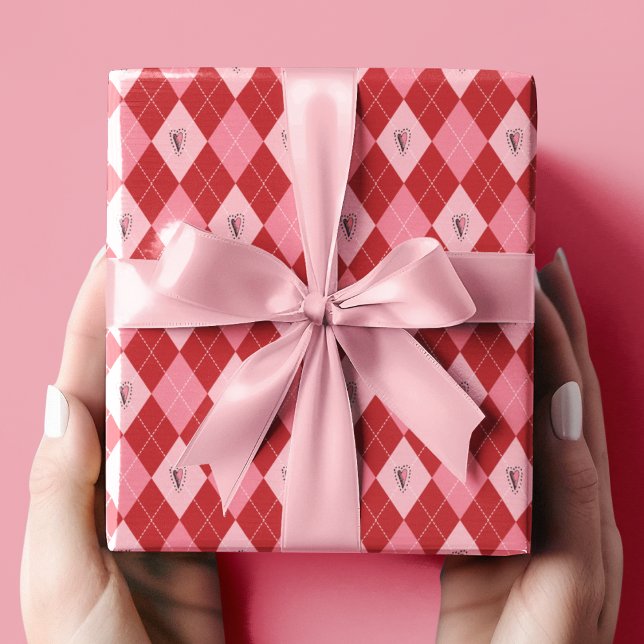 Trendy Pink Red Small Argyle Hearts Pattern Kids Wrapping Paper (Modern Trendy Valentine Design Featuring Cute Pink & Red Argyle Pattern with Girly Hand-Drawn Hearts)