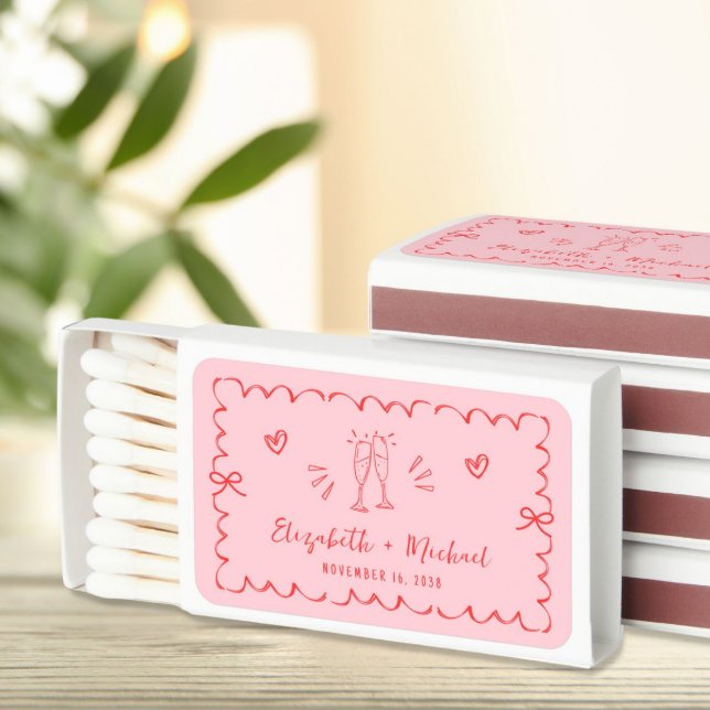 Trendy Pink Red Wavy Frame Wedding Favor Matchboxes (Creator Uploaded)