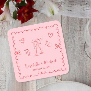 Trendy Pink Red Wavy Frame Wedding Square Paper Coaster