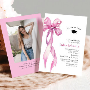 Trendy Pink Rose Bow Ribbon PHOTO Graduation Party Invitation