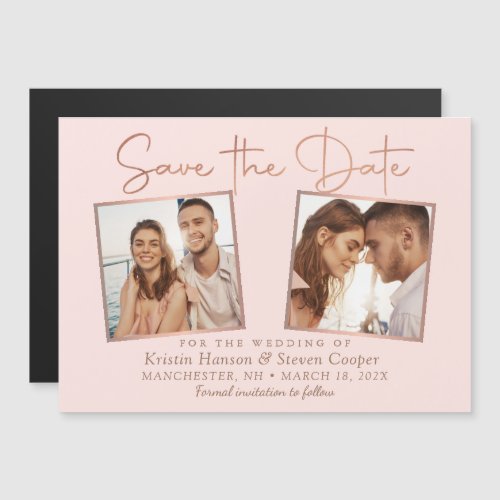 Trendy Pink Rose Gold 2 Photo Save the Date Magnet