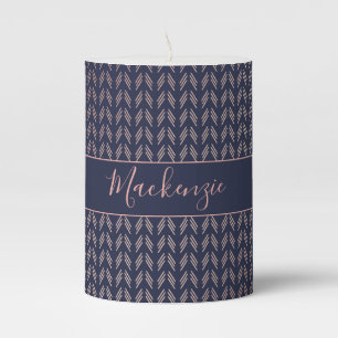 Trendy Pink Rose Gold Foil Boho Tribal Navy Blue Pillar Candle