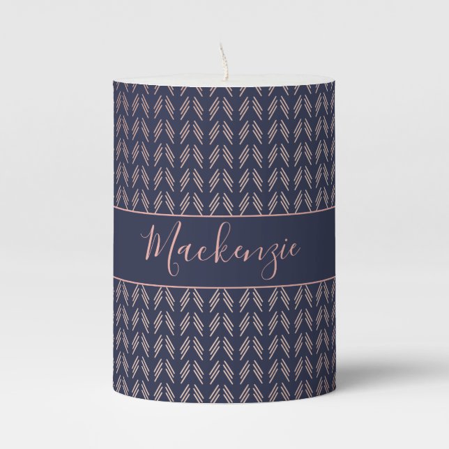 Trendy Pink Rose Gold Foil Boho Tribal Navy Blue Pillar Candle (Front)