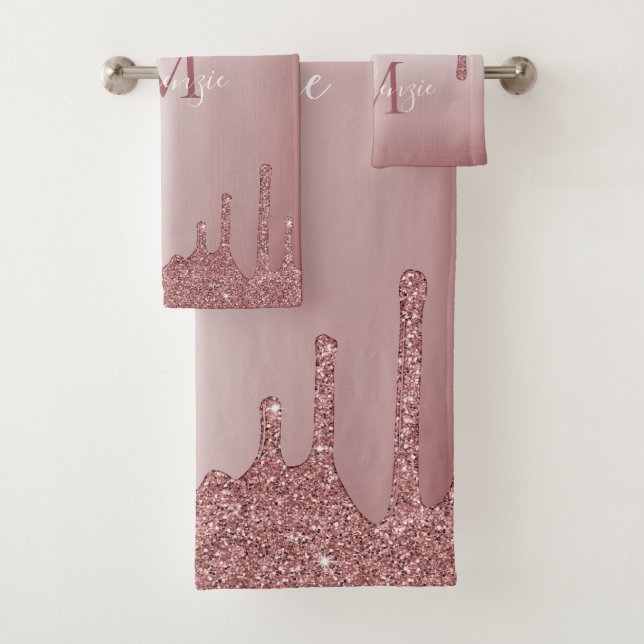 Trendy Pink Rose Gold Glitter Sparkle Drips Bath Towel Set (Insitu)