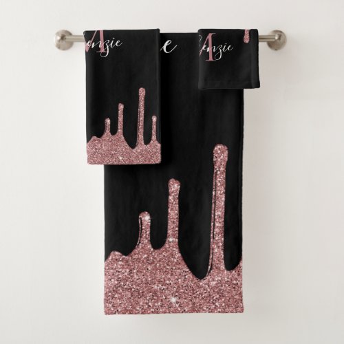 Trendy Pink Rose Gold Glitter Sparkle Drips Black Bath Towel Set