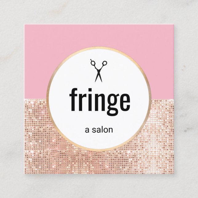 Trendy Pink Rose Gold Sequin Hair Stylist Salon Square Business Card (Front)