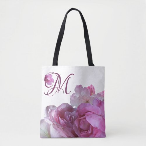 Trendy pink rose M name monogram boho girly floral Tote Bag