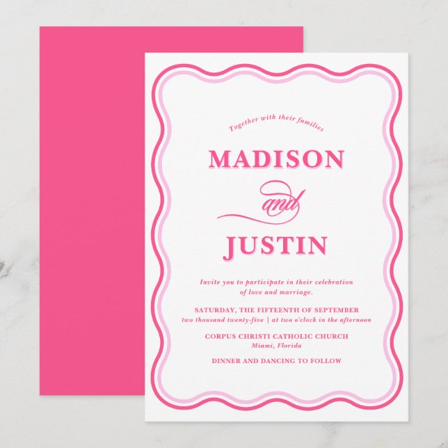 Trendy Pink Squiggle Curves Wavy Wedding Invitation (Front/Back)