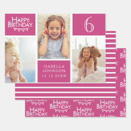 Trendy Pink Stripe Photo Collage Happy Birthday Wrapping Paper Sheets