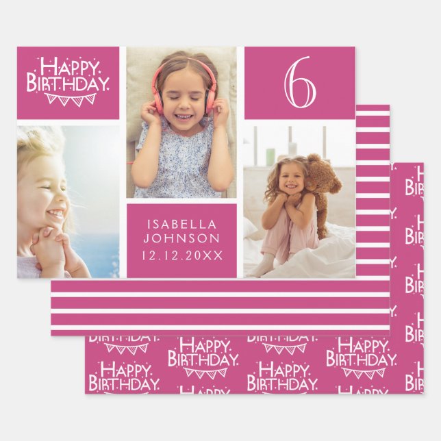 Trendy Pink Stripe Photo Collage Happy Birthday Wrapping Paper Sheets (Set)