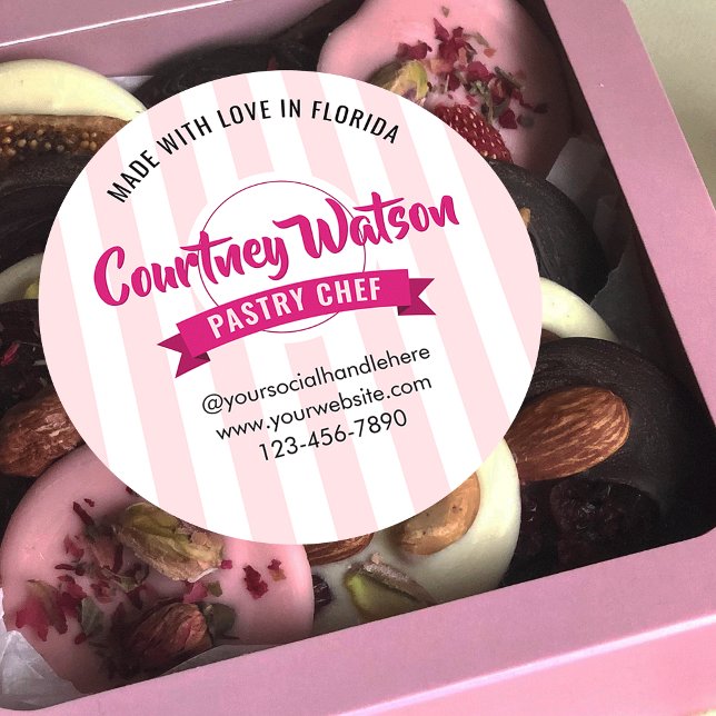 Trendy Pink Stripes Cake Bakery Pastry Chef Classic Round Sticker (Creator Uploaded)