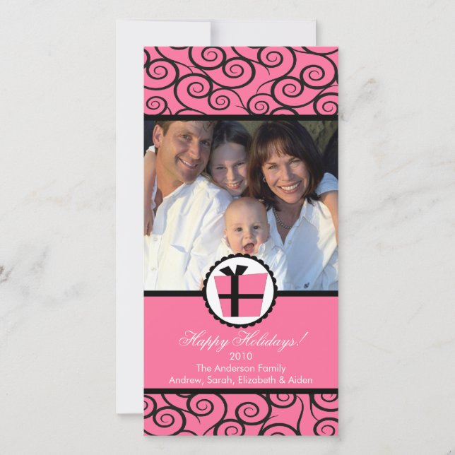 Trendy Pink Swirls GIFT Christmas Photo Card (Front)