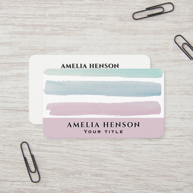 Trendy Pink Turquoise Blue Watercolor Stripes  Business Card (Front/Back In Situ)