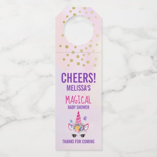 Trendy Pink Unicorn Confetti  Flowers Baby Shower Bottle Hanger Tag