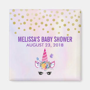 Trendy Pink Unicorn Confetti & Flowers Baby Shower Magnet