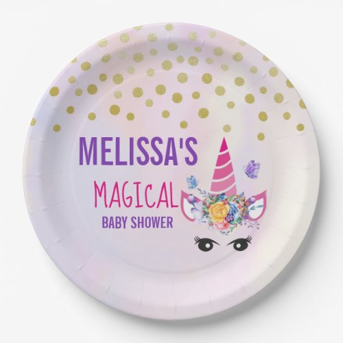 Trendy Pink Unicorn Confetti  Flowers Baby Shower Paper Plates