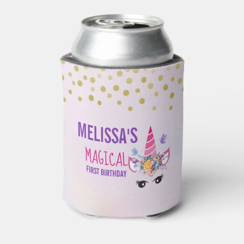 Trendy Pink Unicorn Confetti  Flowers Birthday Can Cooler