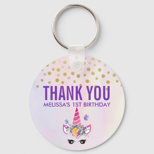 Trendy Pink Unicorn Confetti  Flowers Birthday Keychain