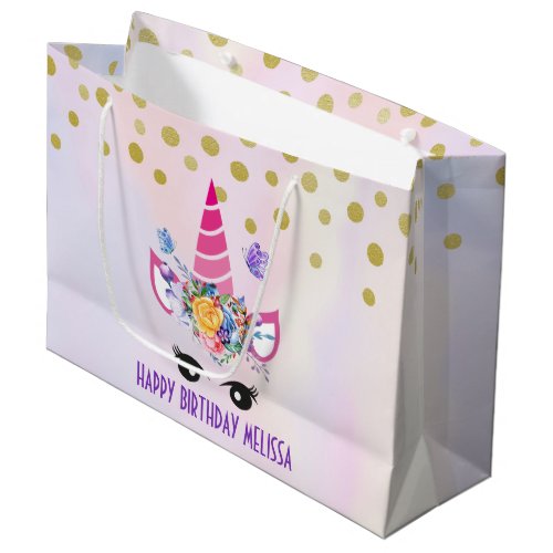 Trendy Pink Unicorn Confetti  Flowers Birthday Large Gift Bag