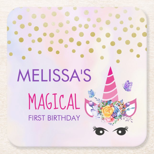 Trendy Pink Unicorn Confetti & Flowers Birthday Square Paper Coaster (Front)