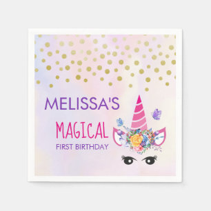 Trendy Pink Unicorn Confetti & Flowers First Birth Napkins