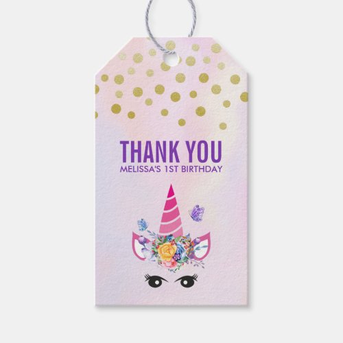 Trendy Pink Unicorn Confetti  Flowers Thank You Gift Tags