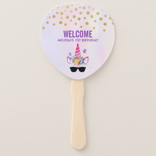 Trendy Pink Unicorn in Sunglasses Birthday Hand Fan