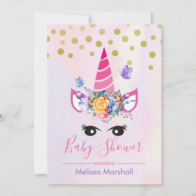 Trendy Pink Unicorn with Flowers Baby Shower Invitation (Front)