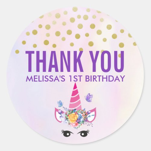 Trendy Pink Unicorn with Flowers Birthday Classic Round Sticker