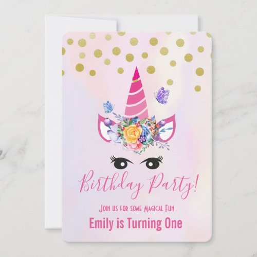 Trendy Pink Unicorn with Flowers Birthday Party Invitation