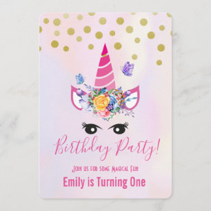Trendy Pink Unicorn with Flowers Birthday Party Invitation
