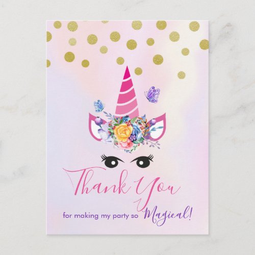 Trendy Pink Unicorn with Flowers Party Thank You Postcard