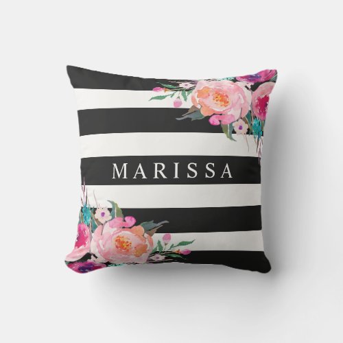 Trendy Pink Watercolor Floral Black White Stripe Outdoor Pillow