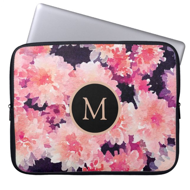 Trendy pink watercolor floral pattern monogram laptop sleeve (Front)