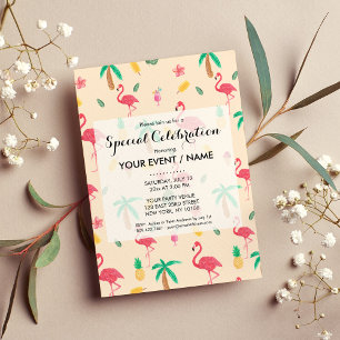 Trendy pink watercolor tropical flamingo floral invitation