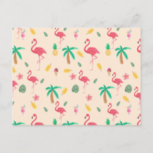 Trendy pink watercolor tropical flamingo floral postcard
