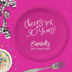 Trendy Pink Whimsical Hand Drawn 30th Birthday Paper Plates