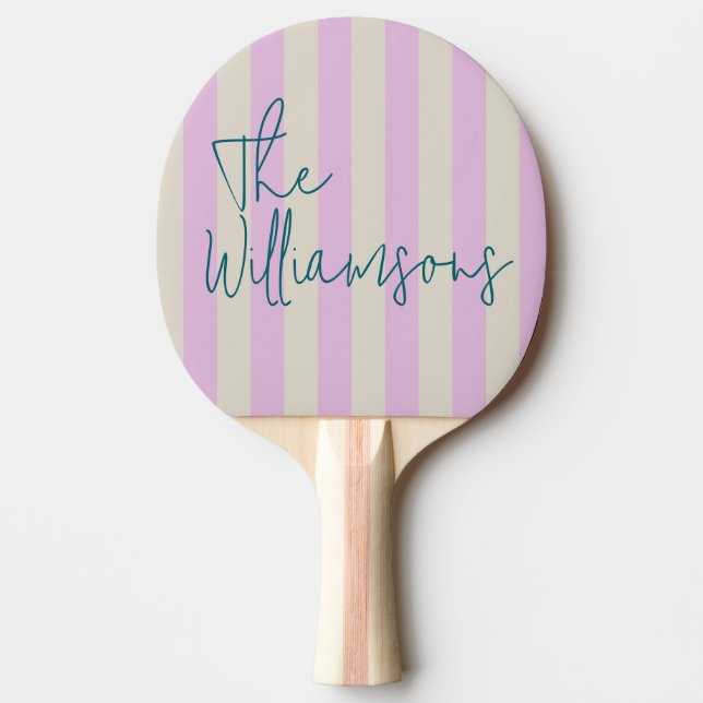 Trendy Pink White Stripes Custom Script Wedding Ping Pong Paddle (Front)