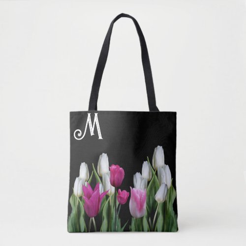 Trendy pink white tulips floral green black girly tote bag