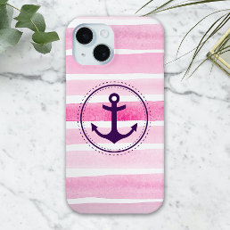 Trendy Pink White Watercolors Purple Anchor iPhone 15 Case