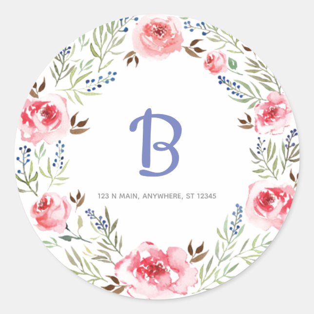 Trendy Pink Wreath Monogram Address Classic Round Sticker (Front)