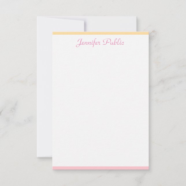 Trendy Pink Yellow Modern Handwritten Name Note Card (Front)