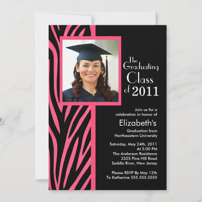 Trendy Pink Zebra Photo Graduation Invitation (Front)