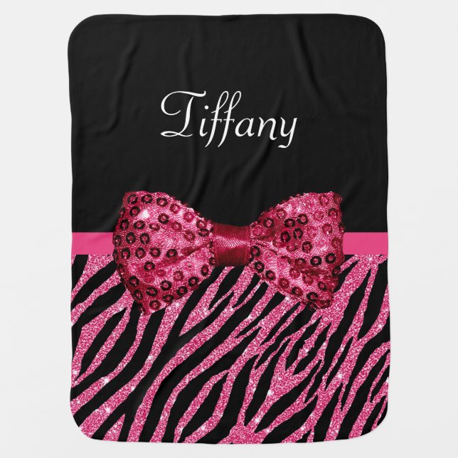 Trendy Pink Zebra Print FAUX Glitz Bow With Name Baby Blanket (Front)
