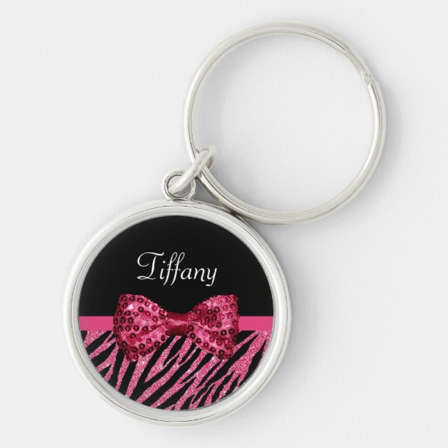 Trendy Pink Zebra Print FAUX Glitz Bow With Name Keychain (Front)